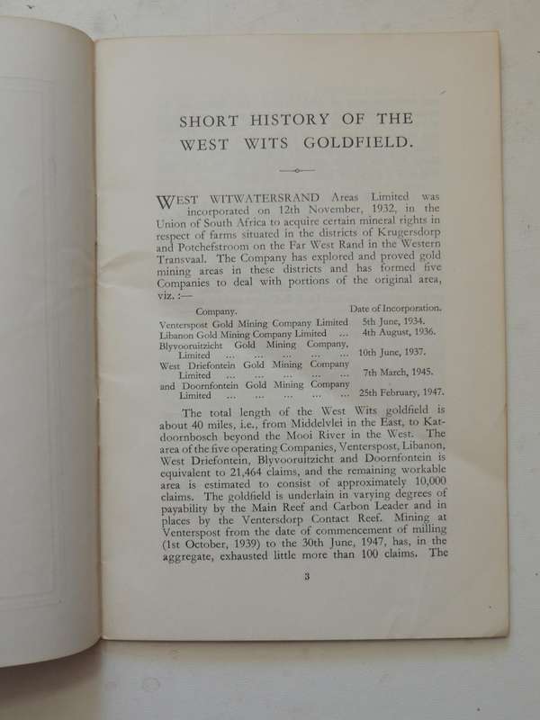 Short History Of The West Wits Goldfield ( Scarce1948)