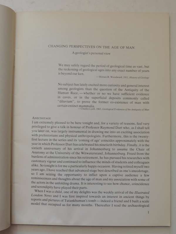 Raymond Dart Lectures 21 Changing Perspectives On The Age Of Man A Geologist's Personal ViewH Cooke