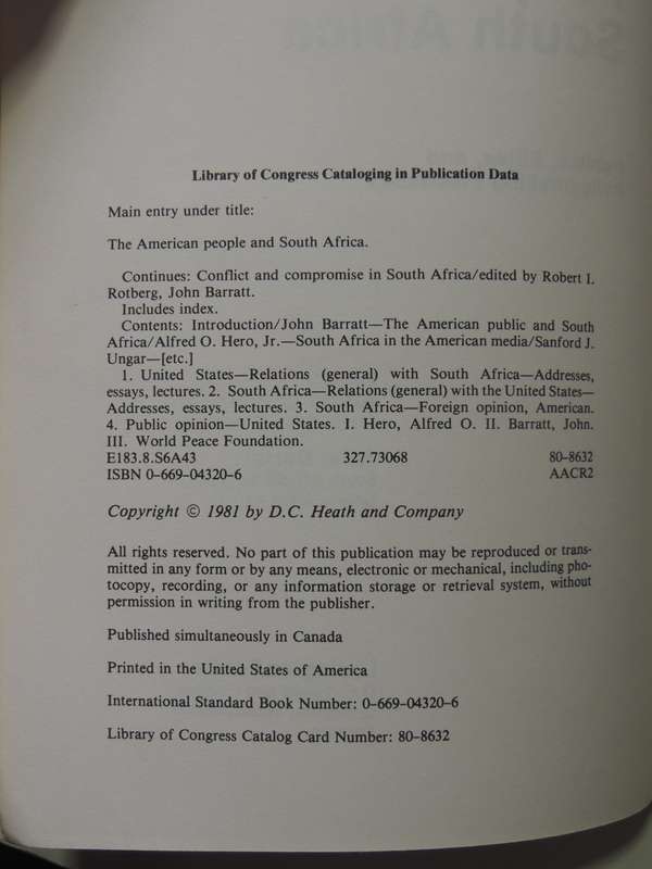 The American People And South Africa- ed Alfred O Hero & John Barratt