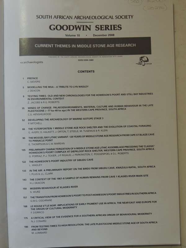 South African Archaeological Society Goodwin Series Volume 10 December 2008: Current Themes In Middl