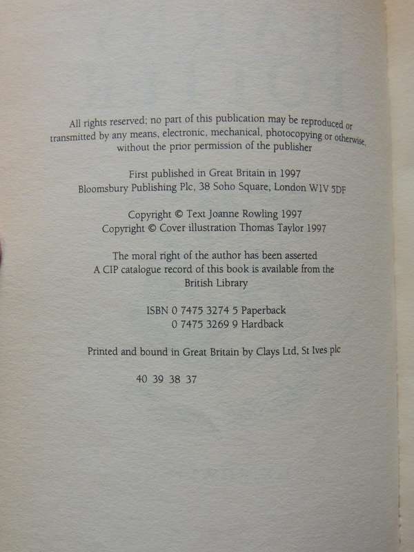 Harry Potter And The Philosopher's Stone - JK Rowling   FIRST EDITION 37th Printing