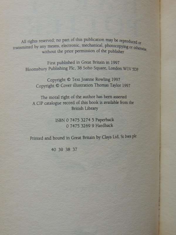 Harry Potter And The Philosopher's Stone - JK Rowling   FIRST EDITION 37th Printing