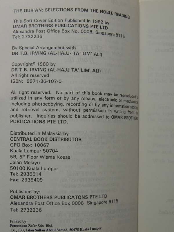 Selections From The Noble Reading: An Anthology Of Passages From The Qur'an - trans Dr. T.B. Irving