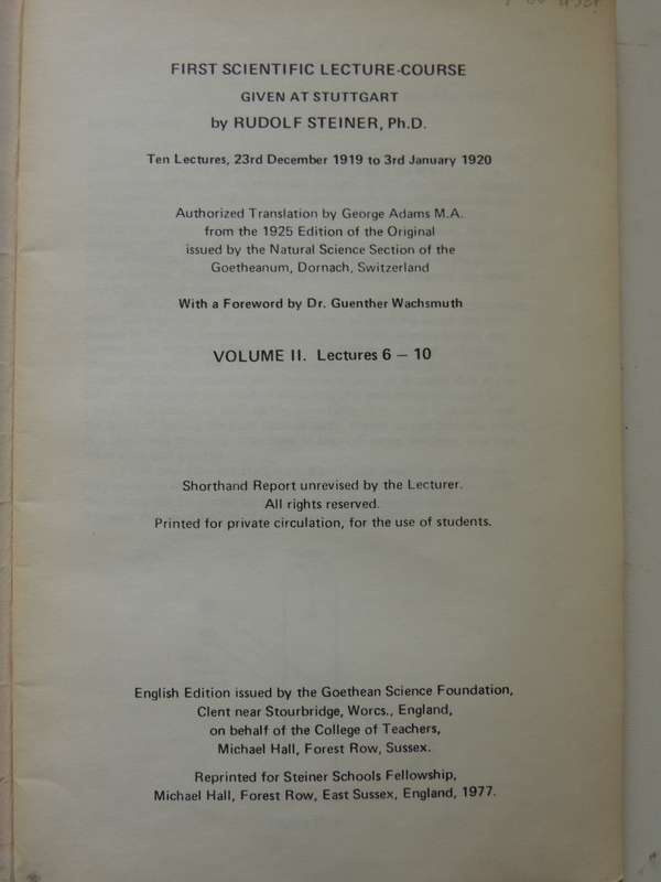 First Scientific Lecture Course Light Course Stuttgart 1919-20 Vol. 1 - Rudolf Steiner  1977