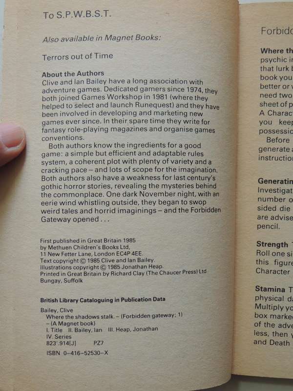 Forbidden Gateway Book 1: Where The Shadows Stalk - Clive & Ian Bailey   (some marking)
