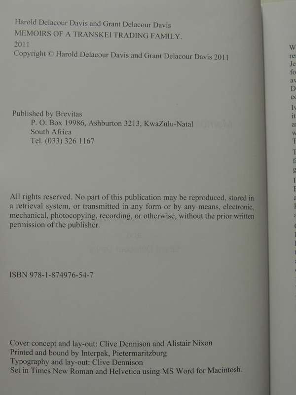 Memoirs Of A Transkei Trading Family - Harold & Grant Delacour Davis