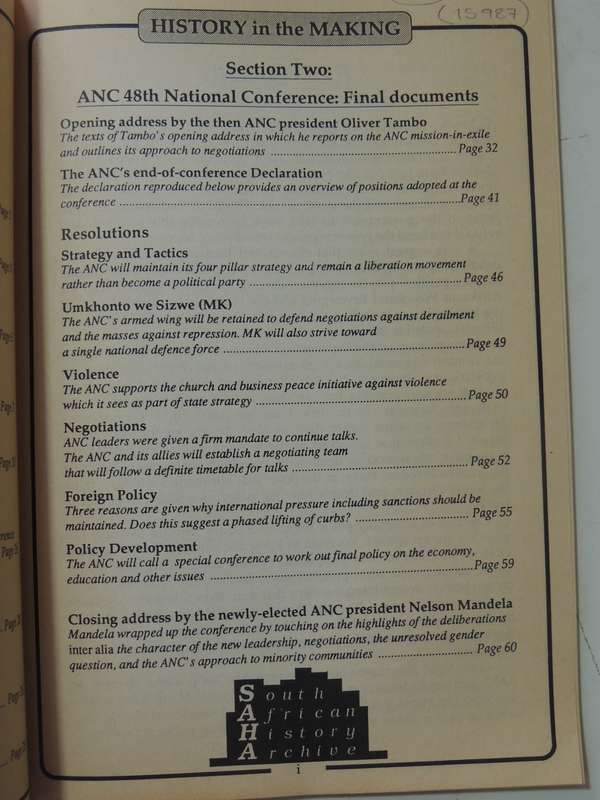 History In The Making: Documents Reflecting A Changing South Africa - July 1991 Vol 1 No 6