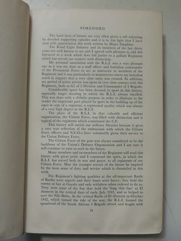 Rand Light Infantry: Signed (No. 99 Of An Unnumbered Limited Issue) - Major B.G. Simpkins