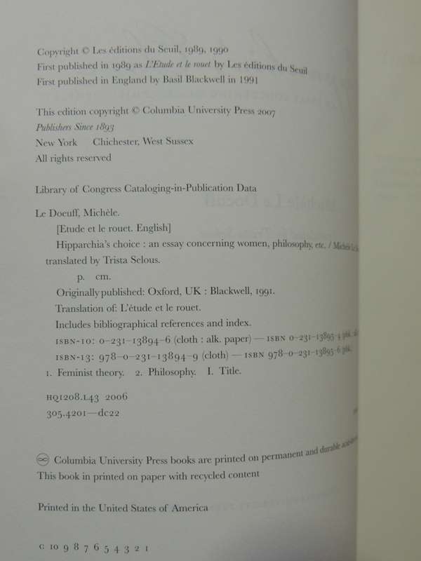 Hipparchia's Choice: An Essay Concerning Women, Philosophy, Etc - Michele Le Doeuff