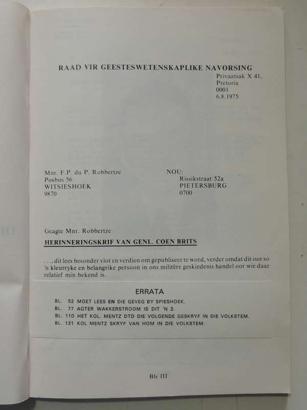 Generaals Coen Brits En Louis Botha 1899-1919 - F.P. Du P. Robbertze