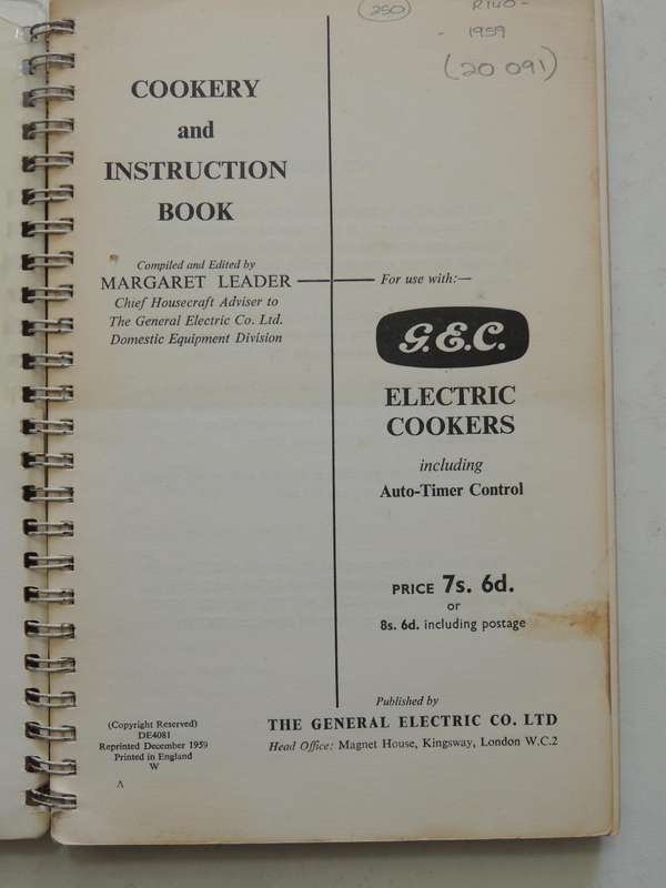 Cookery and Instruction Book For Use With G.E.C. Electric Cookers (1951) - ed Margaret Leader