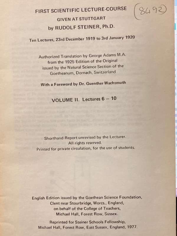 First Scientific Lecture Course Light Course Stuttgart 1919-20 Vol. 1 - Rudolf Steiner  1977