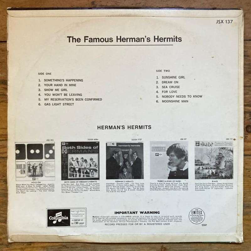Herman's Hermits - The Famous Herman's Hermits LP/Comp. (1969 SA press) G+/VG