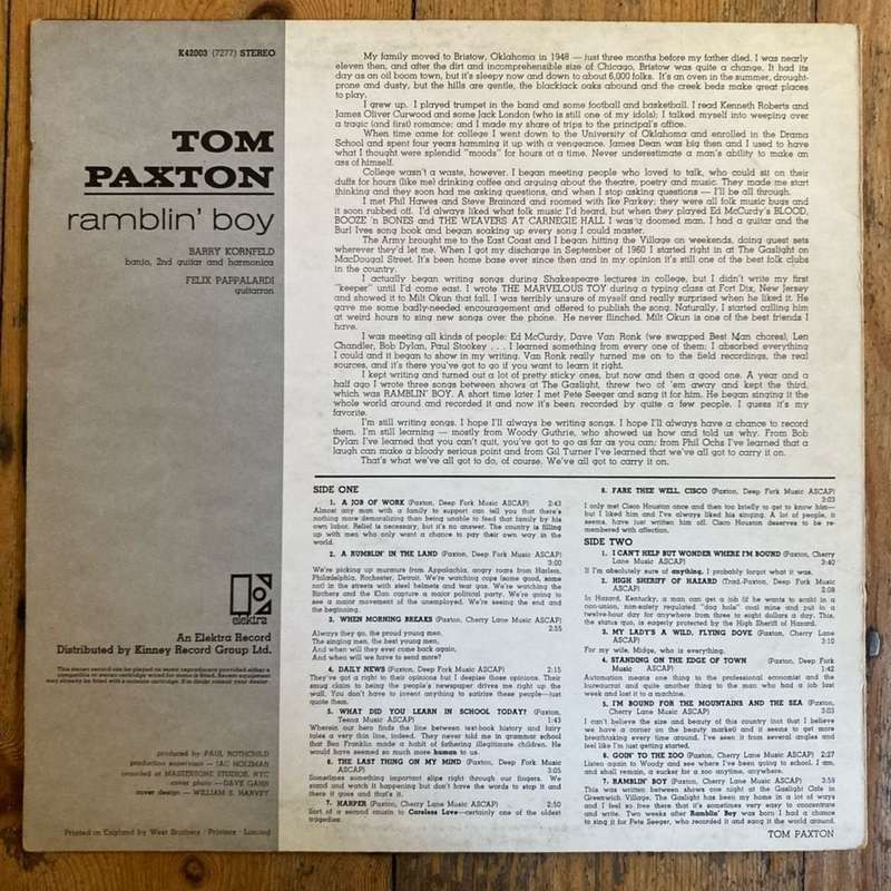 Tom Paxton - Ramblin' Boy LP/Album (UK import) VG+/VG+