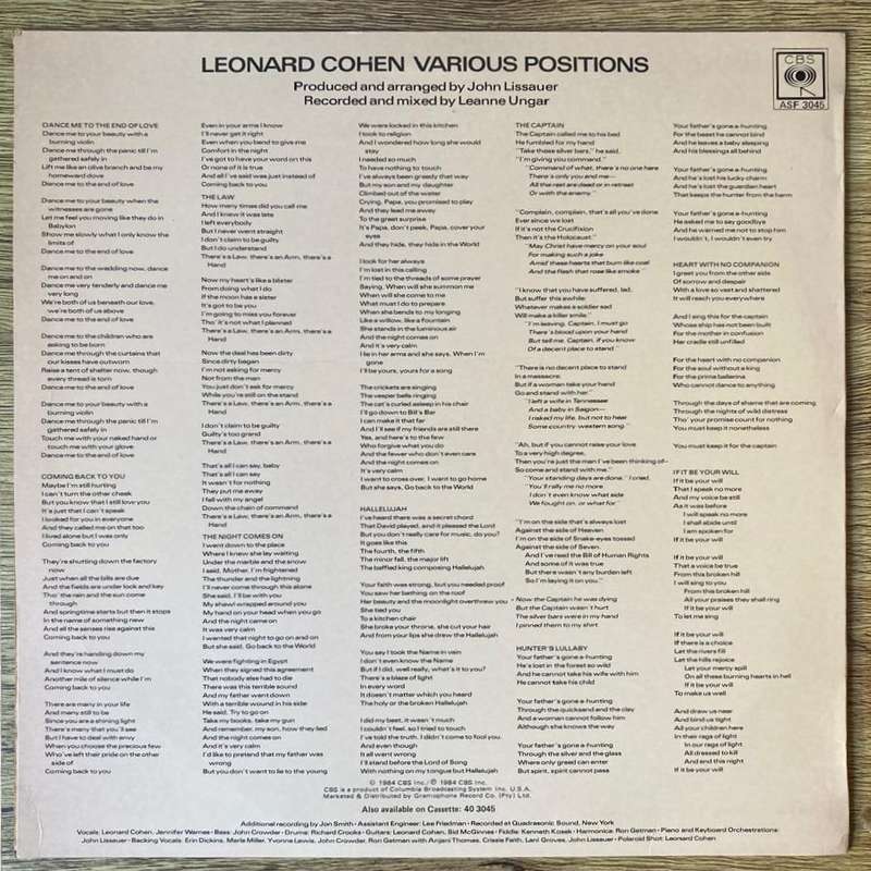 Leonard Cohen - Various Positions LP/Album (1984 SA press) VG+/VG+