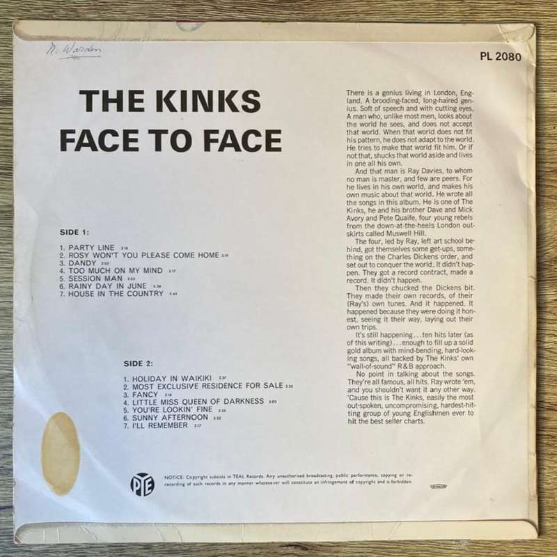 The Kinks - Face To Face LP/Album (1966 SA press) VG/VG+