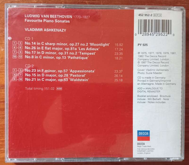 Beethoven: Favourite Piano Sonatas (2CDs, Ashkenazy)
