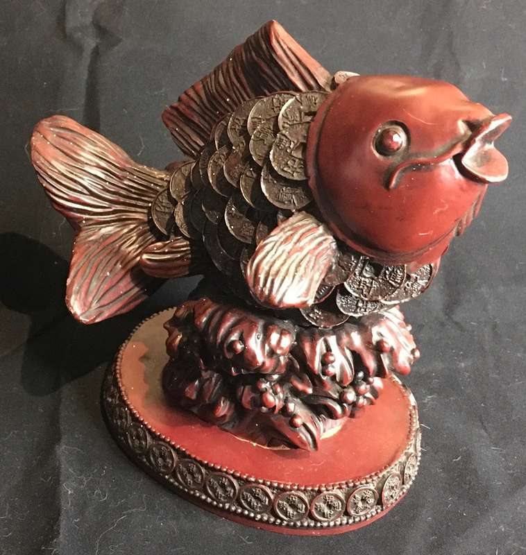 Vintage Red Resin Koi fish Figurine with Chinese Coin Scales