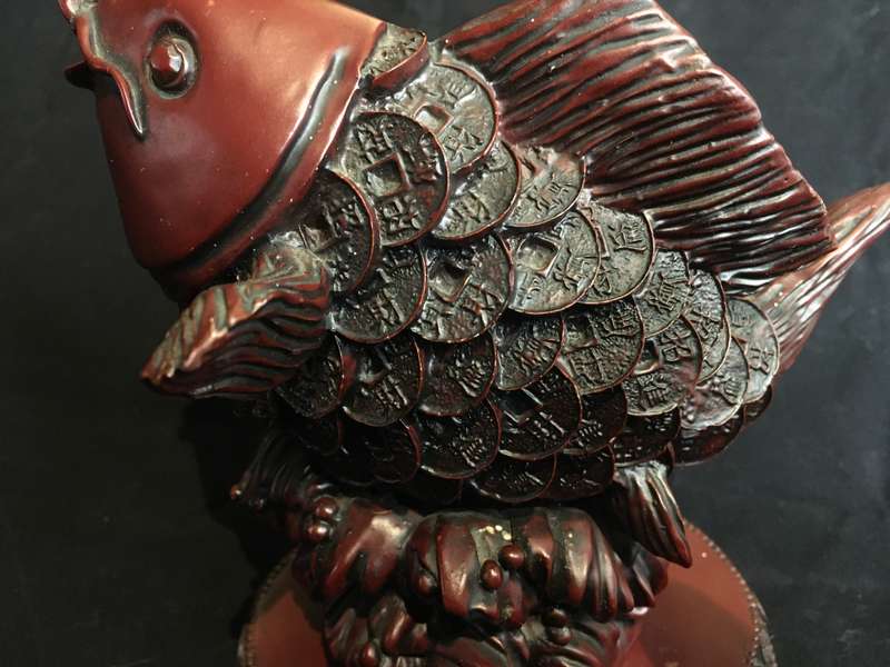 Vintage Red Resin Koi fish Figurine with Chinese Coin Scales