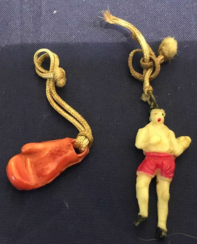 Boxer and a boxing glove Crackerjack celluloid charms