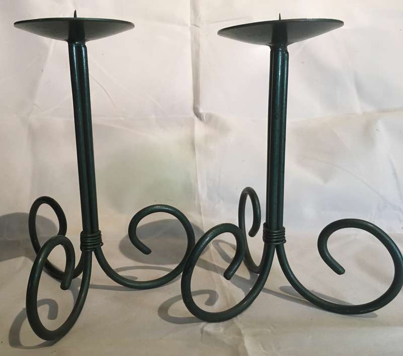 Pair green metal candle holders
