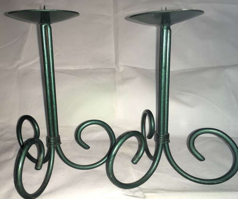 Pair green metal candle holders