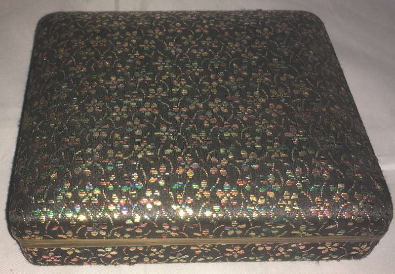 Jewellery box with silk and metallic woven cover. Vintage