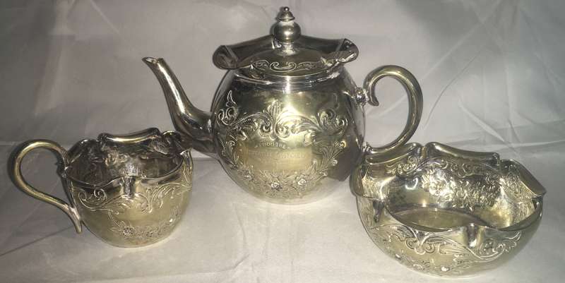 Kettle, creamer and milk jug on a tray.  EPNS. Antique (1906)
