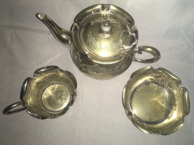 Kettle, creamer and milk jug on a tray.  EPNS. Antique (1906)