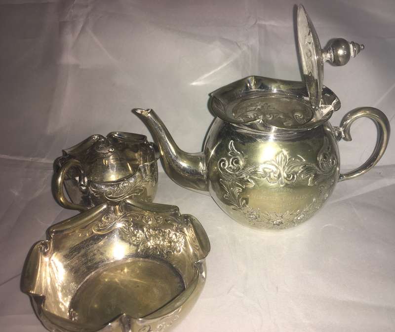 Kettle, creamer and milk jug on a tray.  EPNS. Antique (1906)