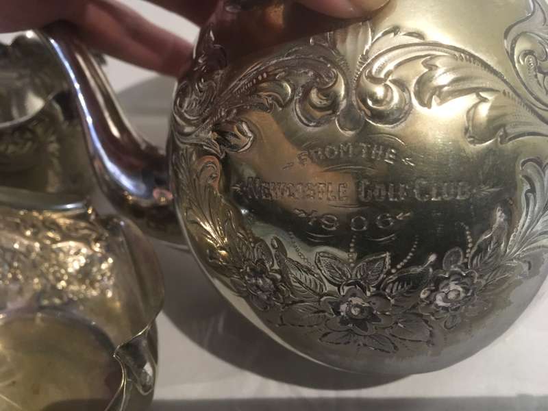Kettle, creamer and milk jug on a tray.  EPNS. Antique (1906)