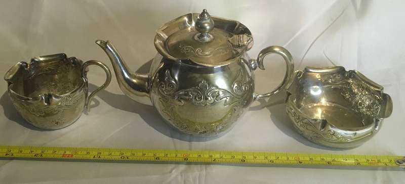 Kettle, creamer and milk jug on a tray.  EPNS. Antique (1906)