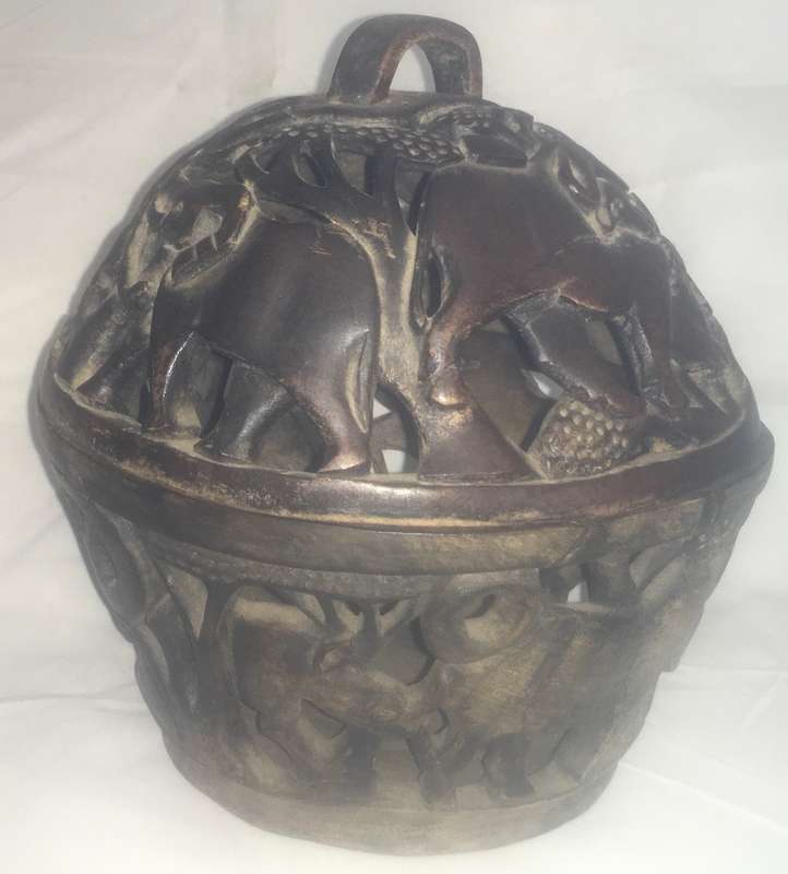 Vintage African hand carved safari animals wooden bowl with lid