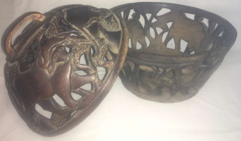 Vintage African hand carved safari animals wooden bowl with lid