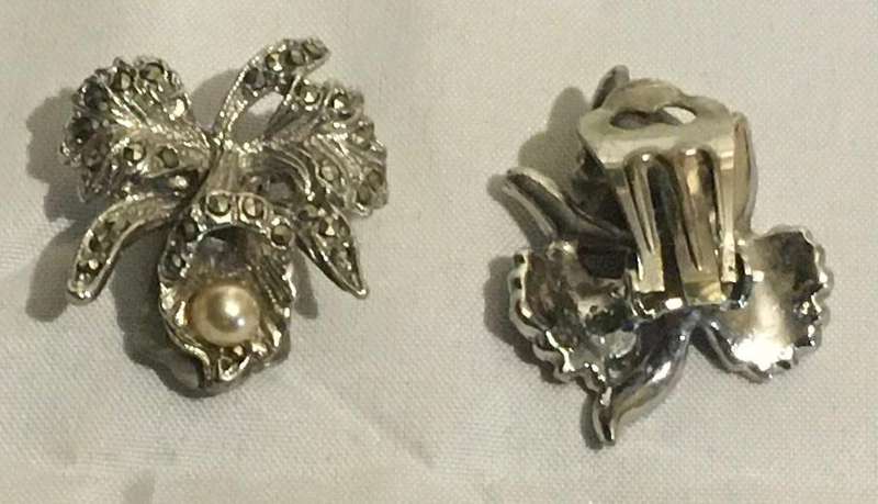 Marcasite and Pearl clip on earrings. Vintage