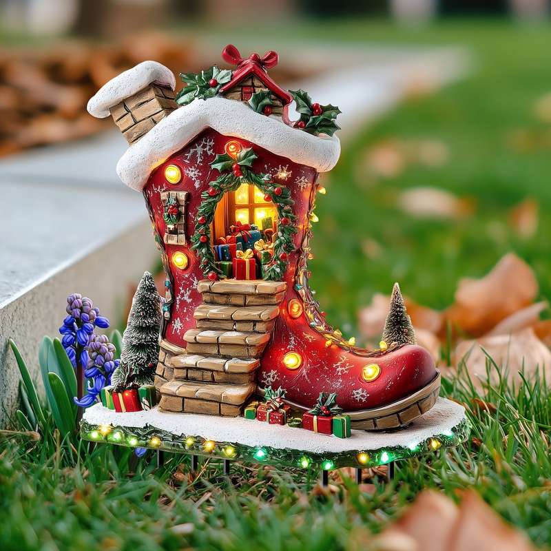 1pc Solar Powered Christmas Elf Boot House Garden Stake,