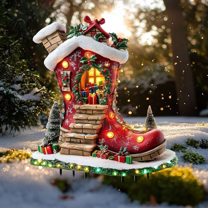 1pc Solar Powered Christmas Elf Boot House Garden Stake,