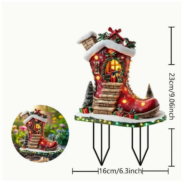 1pc Solar Powered Christmas Elf Boot House Garden Stake,