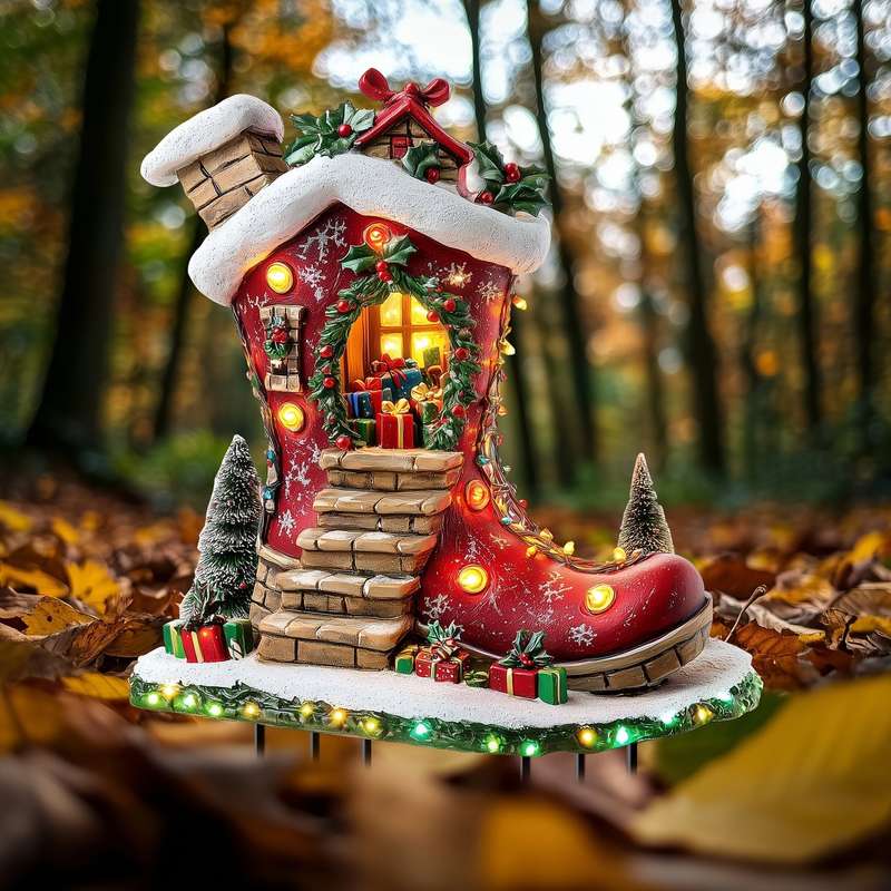 1pc Solar Powered Christmas Elf Boot House Garden Stake,