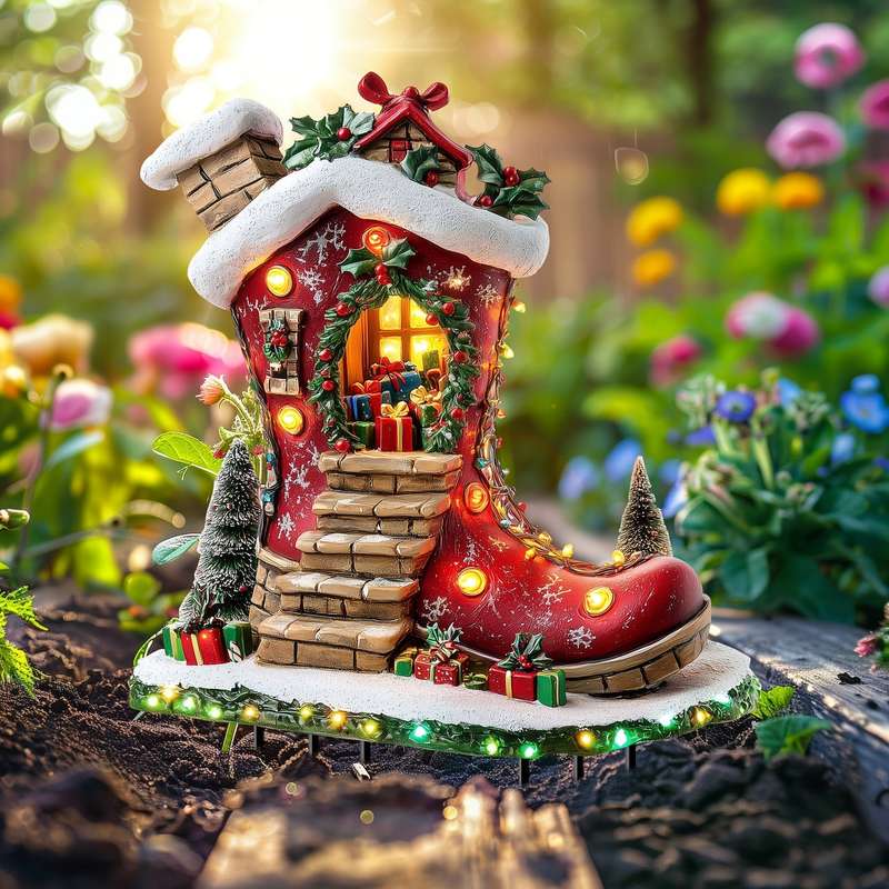 1pc Solar Powered Christmas Elf Boot House Garden Stake,