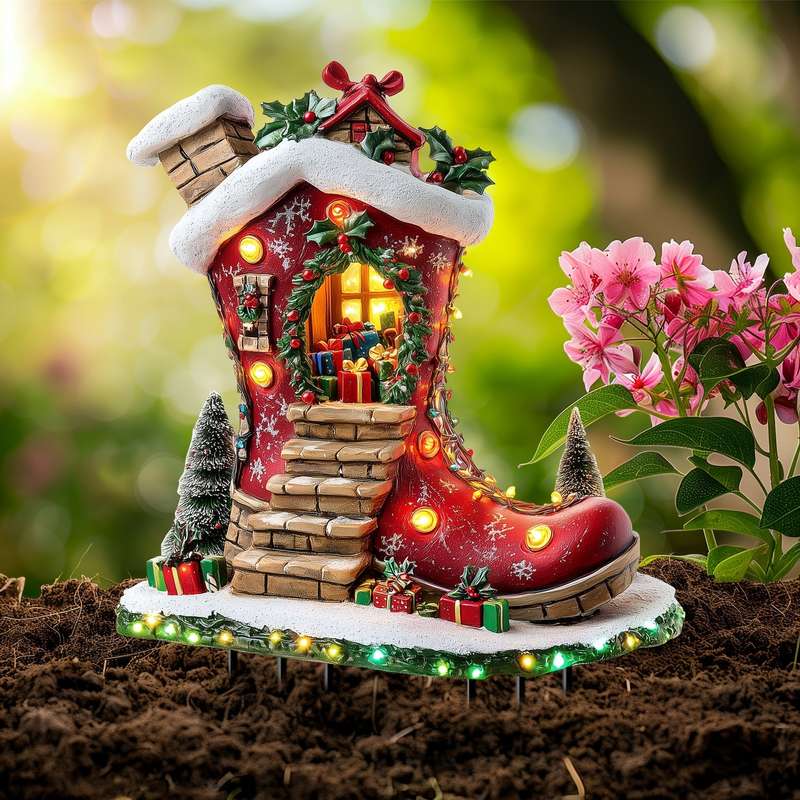 1pc Solar Powered Christmas Elf Boot House Garden Stake,
