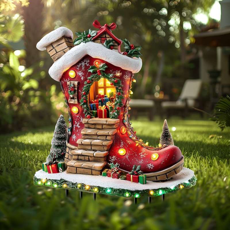 1pc Solar Powered Christmas Elf Boot House Garden Stake,