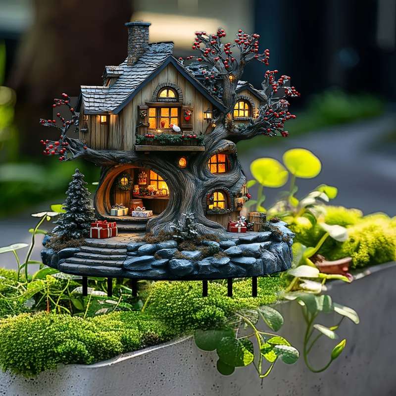 Charming Christmas Fairytale Acrylic Tree House Sculpture -
