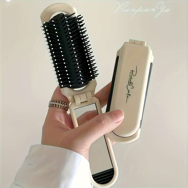 1pc Travelmate Portable Folding Hair Brushwith Built-In Mirror - Anti-Static