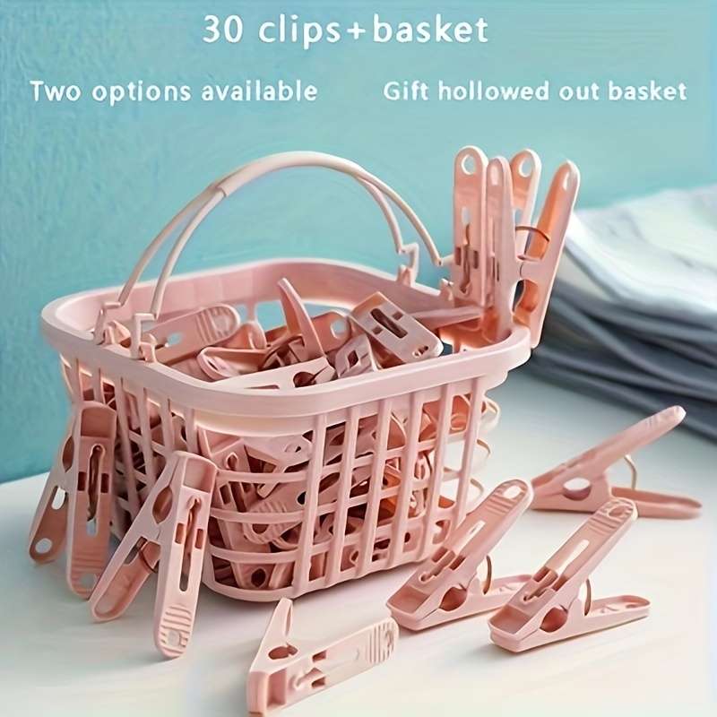 30-Pack Plastic Clothes Pins With Storage Basket