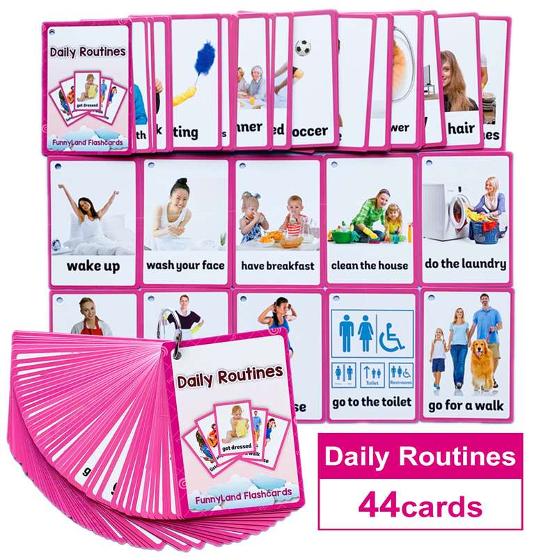 44pcs Daily Routines Flash Cards Set - Educational Learning Pocket Cards For Youngsters