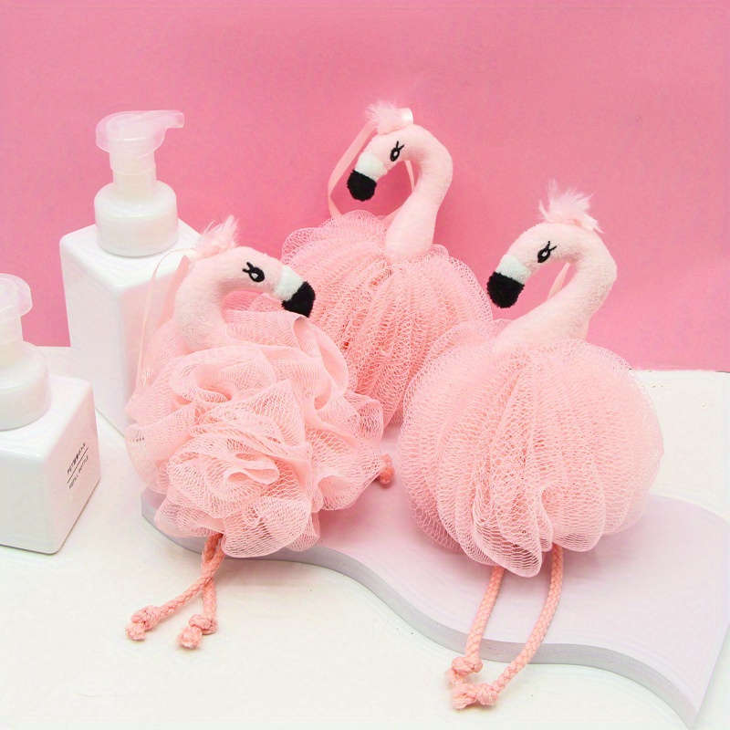 Flamingo-Shaped Exfoliating Loofah Puffs, Soft Spa Shower Bath Scrubber Sponges