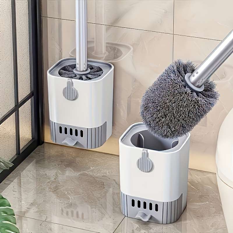 Space-Saving Wall-Mounted Toilet Brush Set With Long Handle - Soft Silicone Bristles,