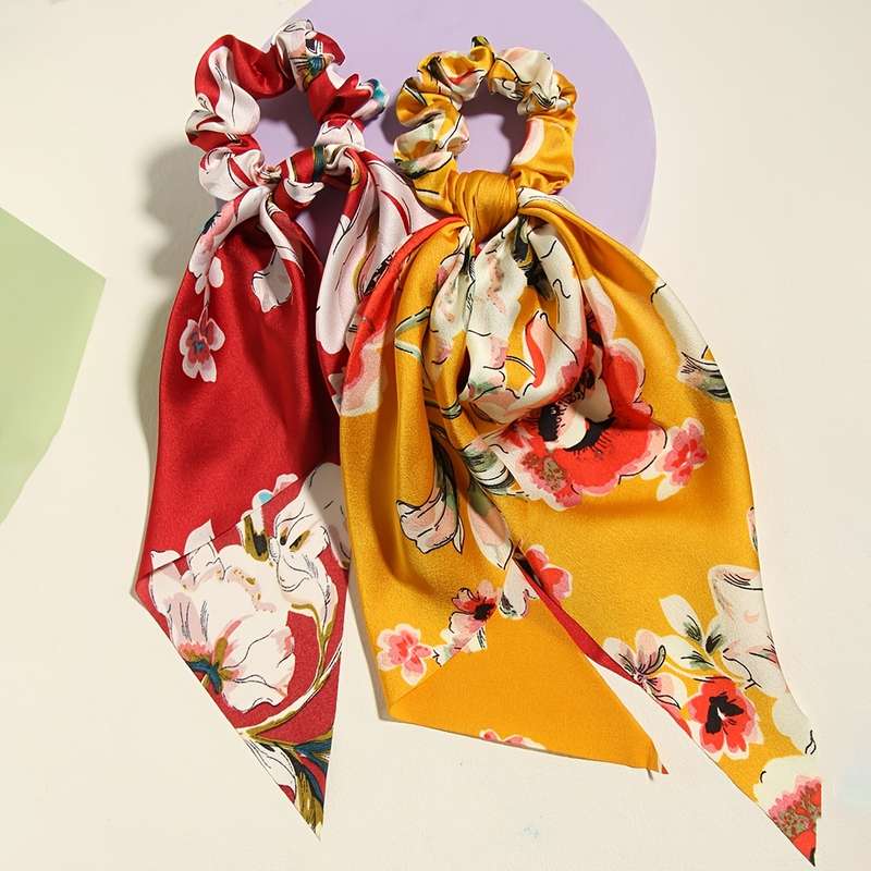 4pcs Elegant Floral Print Scarf Hair Tie