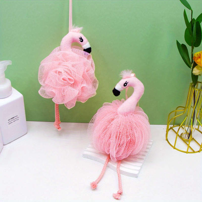 Flamingo-Shaped Exfoliating Loofah Puffs, Soft Spa Shower Bath Scrubber Sponges